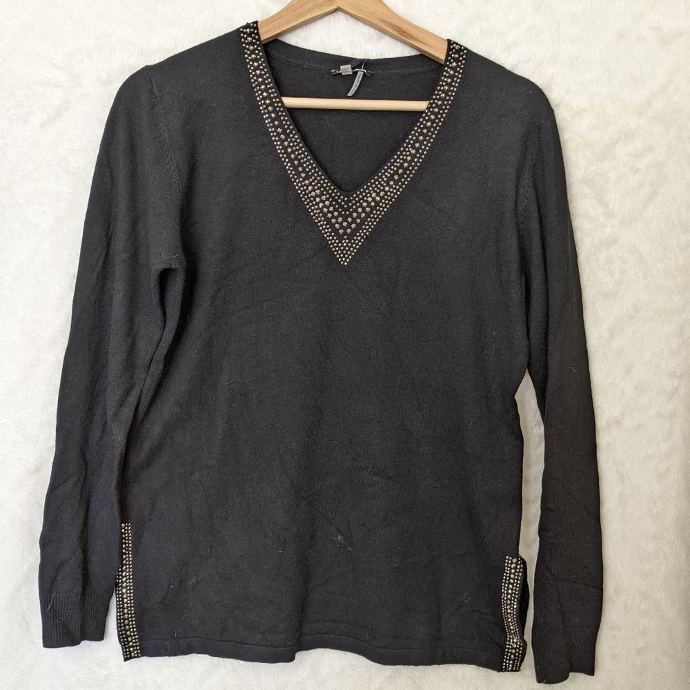 Black Fine Knit Rhinestone V Neck Sweater Top